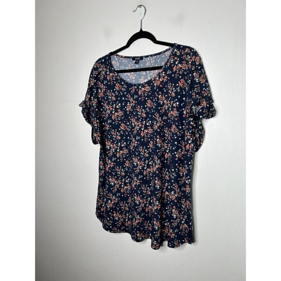 AUW Women’s Plus Blue Orange Floral Short Sleeve Bohemian Blouse Size 2X - Picture 3 of 10